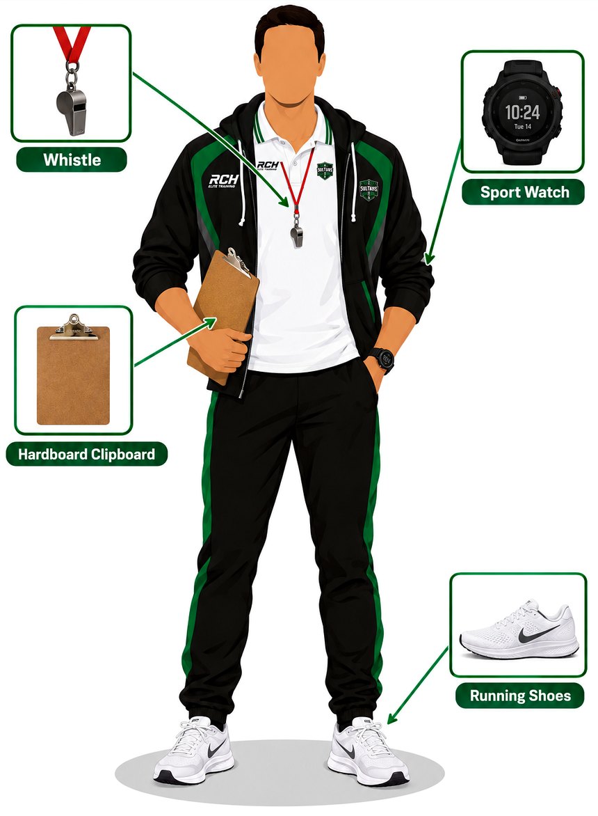 Coach uniform: RCH and Sultans jacket, white polo, black track pants with green stripes, whistle, sport watch, hardboard clipboard and running shoes